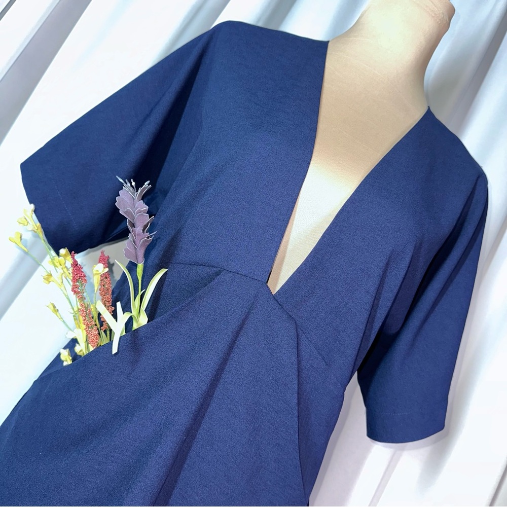 TOBI Deep V Plunge Navy Mini Dress Pockets A-Line Formal Cocktail Sz Small EUC
